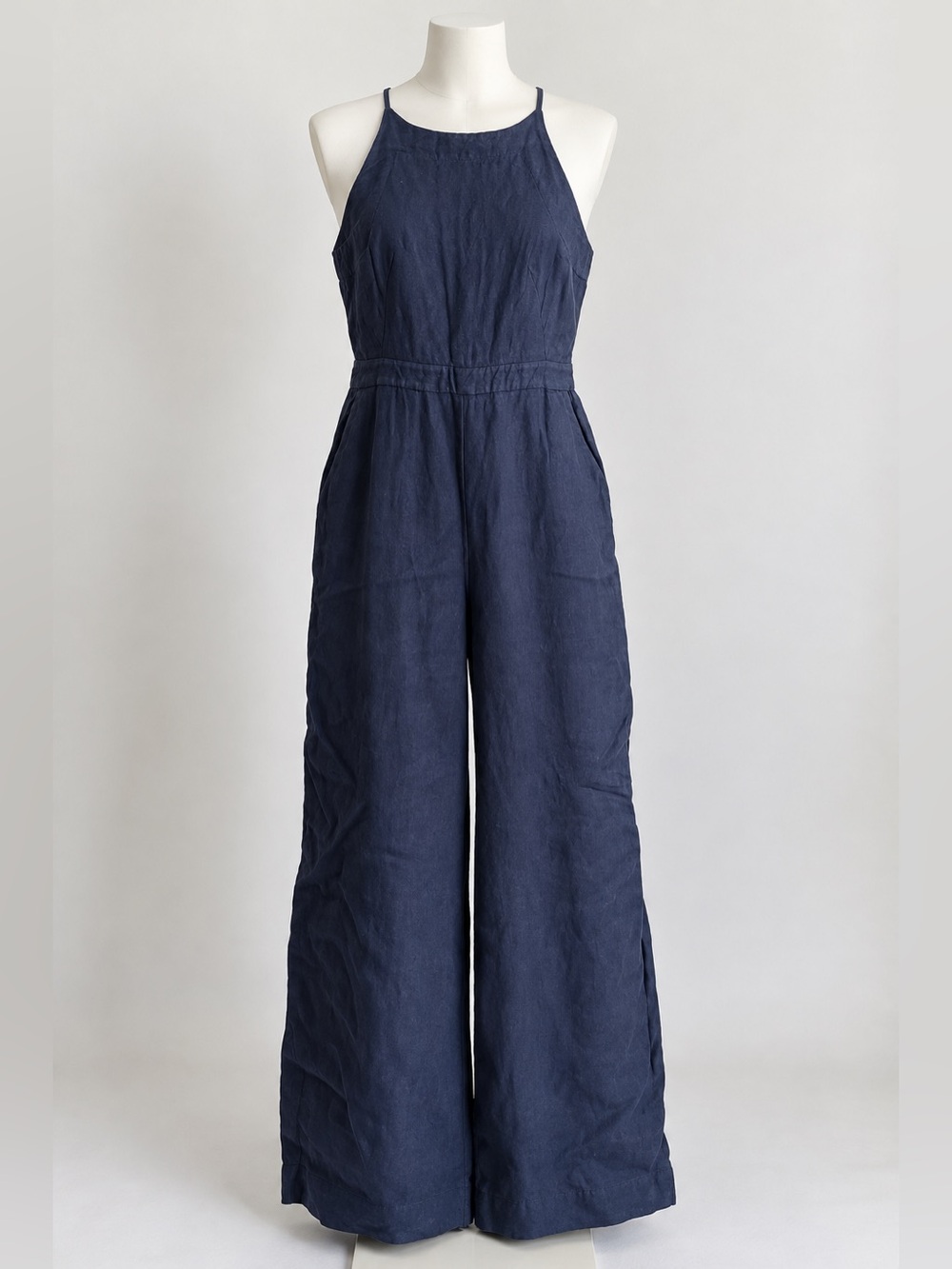 Boden Women 6 100% Linen Navy Wide Leg Jumpsuit Sleeveless Summer Resort